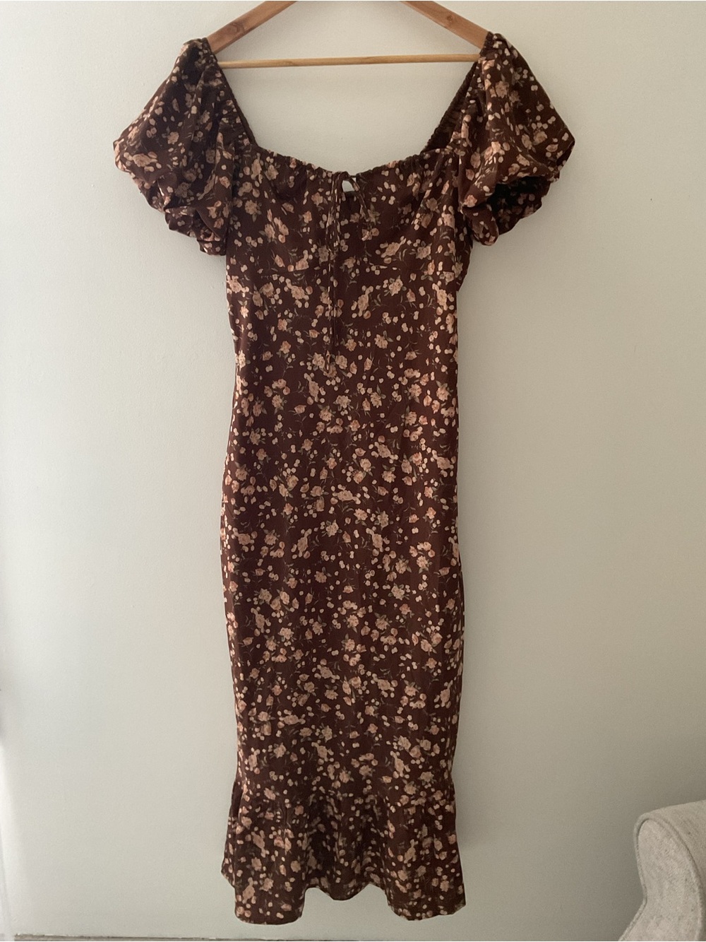 Lulus Remarkably Flourishing Brown Floral Puff-Sleeve Midi Dress Medium Event - Picture 5 of 15